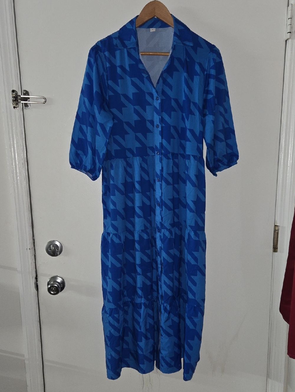 Blue Houndstooth Button-Front Midi Dress